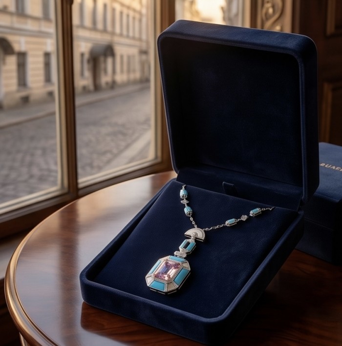 Emily - Art Deco - Precious genuine 8.4 carat Kunzite inlay Turquoise .925 Sterling Silver handcrafted necklace - Art Deco necklace with Kunzite in velvet box on wooden table