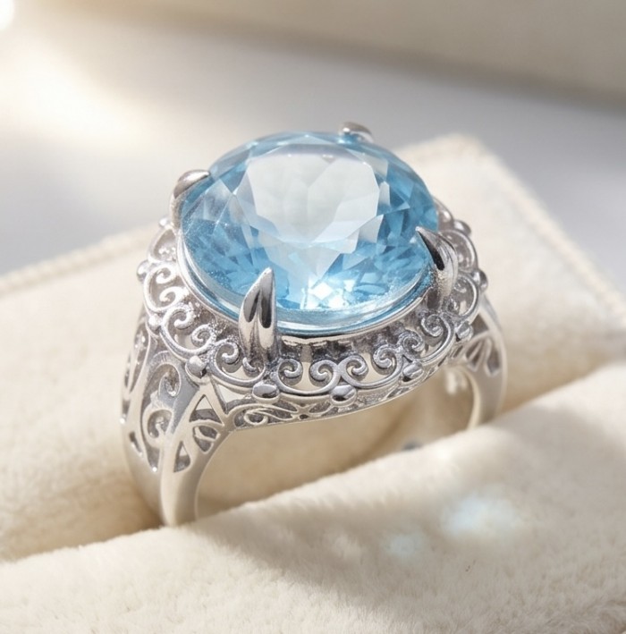 Poseidon 18.8 carat Swiss Blue Topaz .925 Sterling Silver dipped in rhodium handcrafted Large ring size 8 - Close-up of Poseidon blue topaz ring with detailed silver setting