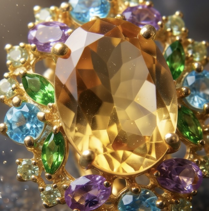 Victoria Authentic 18.5 carat Brazilian Citrine .925 Sterling Silver brilliantly dipped in 22K Gold handcrafted Statement earrings - Stone close-up of Victoria Authentic 18.5 carat Brazilian Citrine ring.