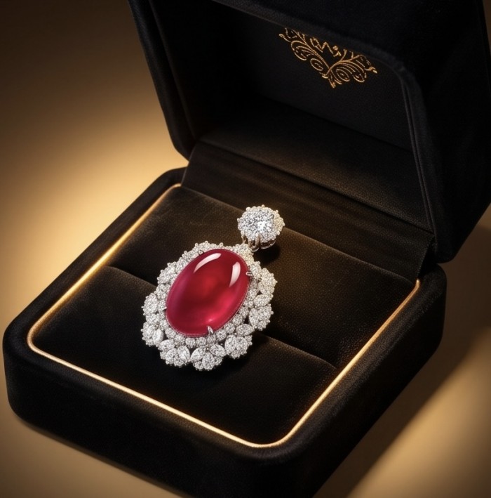 Giovanna 23.2 carat authentic Mozambique Ruby .925 Sterling Silver handmade Pendant - Close-up of Giovanna 23.2 carat Mozambique Ruby pendant in black box.