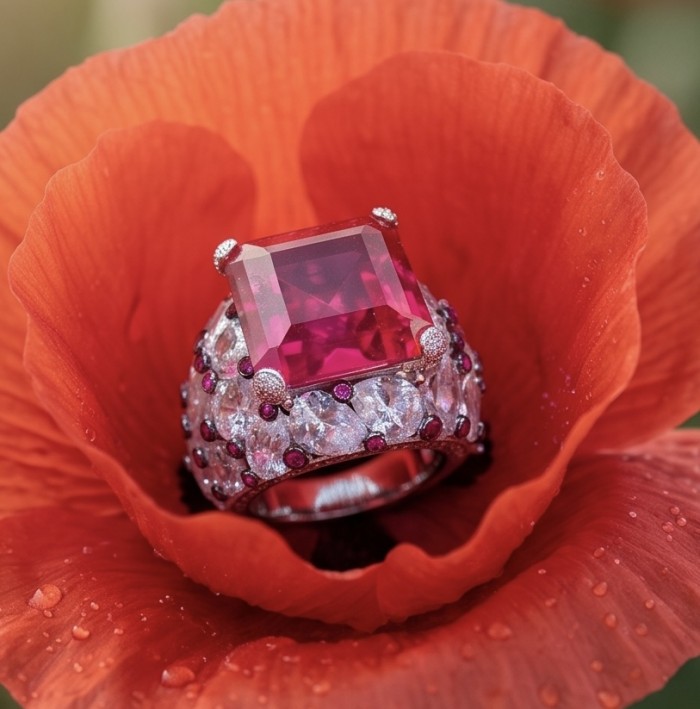 Scarlett 39.7 ctw Mozambique Ruby .925 Sterling Silver dipped in 18K WHITE Gold handcrafted Statement Ring size 8 1/4 - Close-up of Scarlett ruby ring on red flower, frontal view.