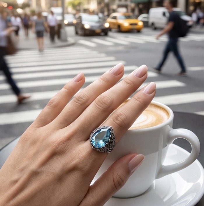 Massive Deep Blue 18.8 carat Aquamarine Marcasite .925 Sterling Silver handcrafted ring size 9 - Aquamarine ring worn on hand with city street in background