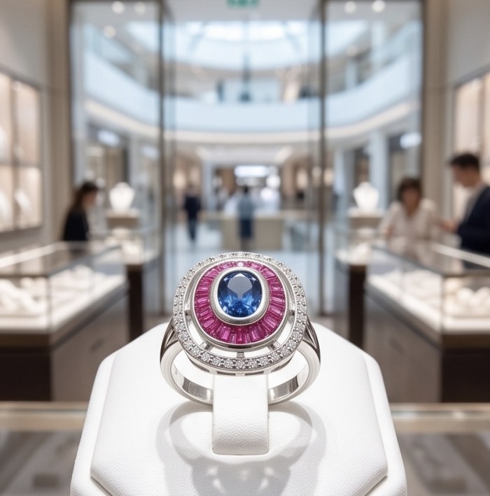 Art Deco 3.8 ctw Sapphire .925 Sterling Silver handcrafted Statement Ring size 7 1/2 - Close-up of Art Deco sapphire ring in display case