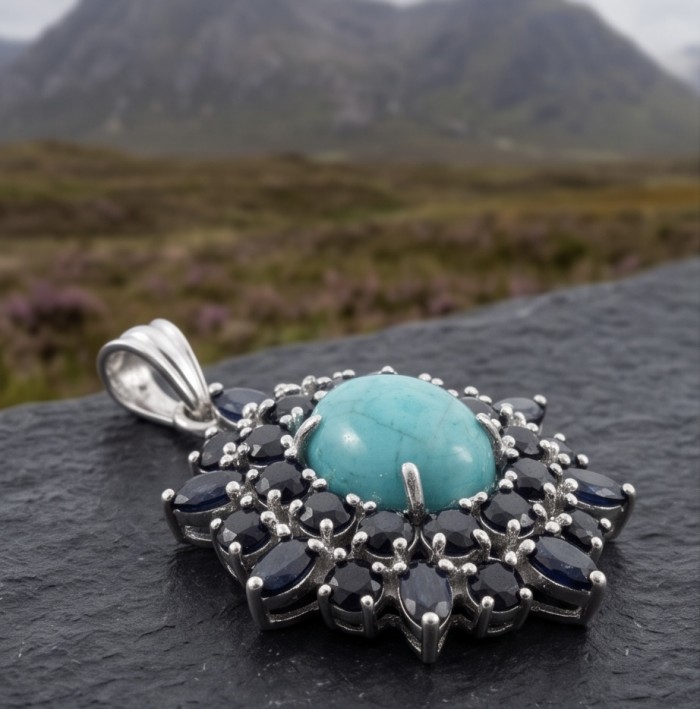 Arizona Beauty Natural Natural Turquoise Sapphire .925 Sterling Silver handmade pendant - Close-up of turquoise and sapphire pendant on slate background.