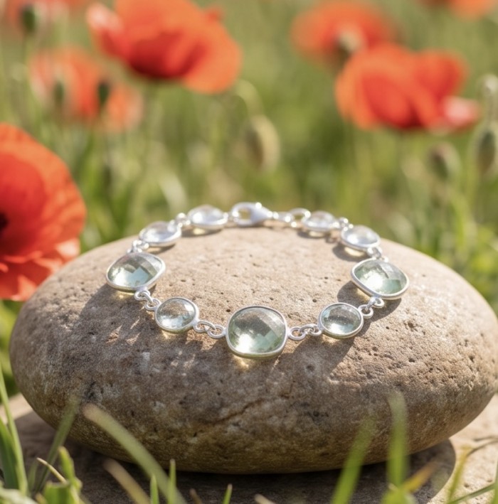 Tutti Frutti 17.5 CARAT Green Amethyst .925 Sterling Silver brilliantly handcrafted Bracelet - Bracelet with green amethyst on stone, surrounded by red flowers.
