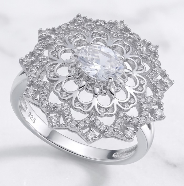 Luxurious - 6.2 carat White Topaz Sterling Silver handcrafted ring size 9 - Close-up of luxurious white topaz sterling silver ring with intricate design