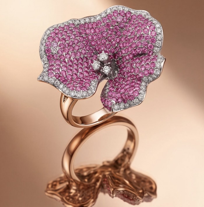 Red Hibiscus 8.2 carat authentic Mozambique Ruby .925 Sterling Silver dippedin rhodium handcrafted Statement Ring size 6 - Close-up of Red Hibiscus ring with rubies and diamonds on rose gold band