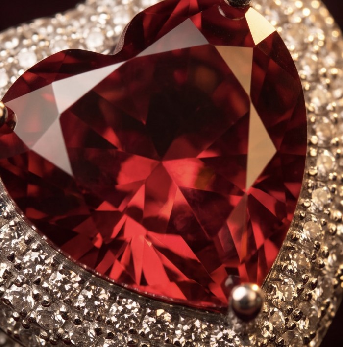 Angel's Heart Natural heart shape 9.7 carat Ruby .925 Sterling Silver dipped in rhodium handmade Statement Ring size 9 - Close-up of heart-shaped 9.7 carat ruby with diamond accents.