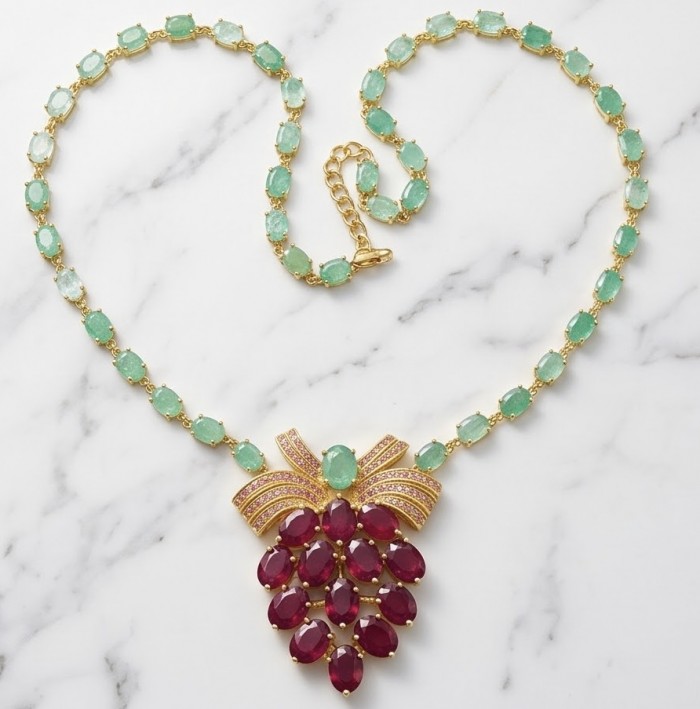 Juicy Strawberry 32.2 carat Natural Kasmir Ruby 21.5 carat Colombian Emerald .925 Sterling Silver dipped in 22K Gold handcrafted Statement necklace - Emerald and ruby necklace on marble background, full view.