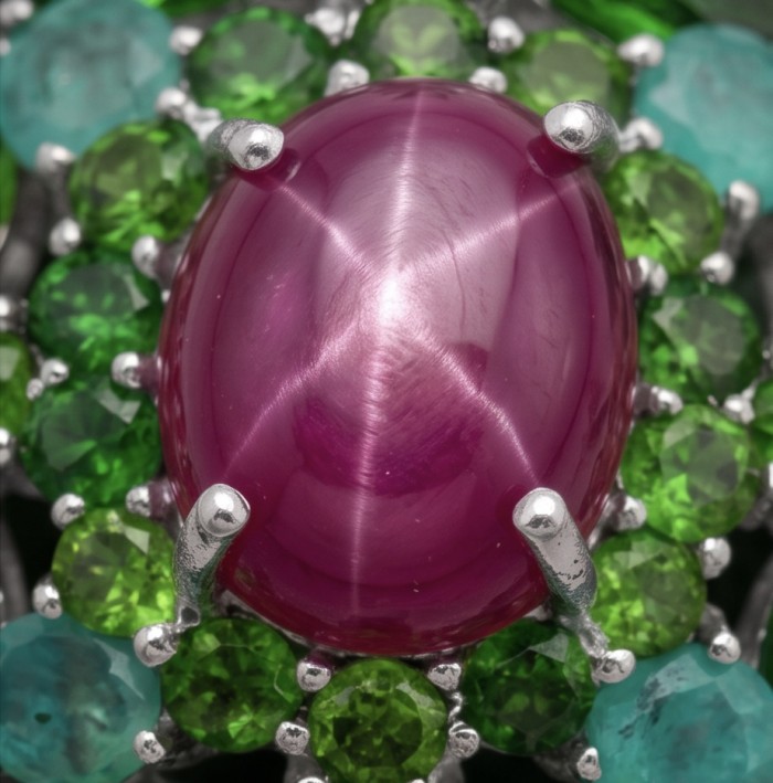 New World - authentic 22.5 carat Ruby rhodium over .925 Sterling Silver handcrafted Pendant - Ruby stone close-up with green and blue gemstone accents