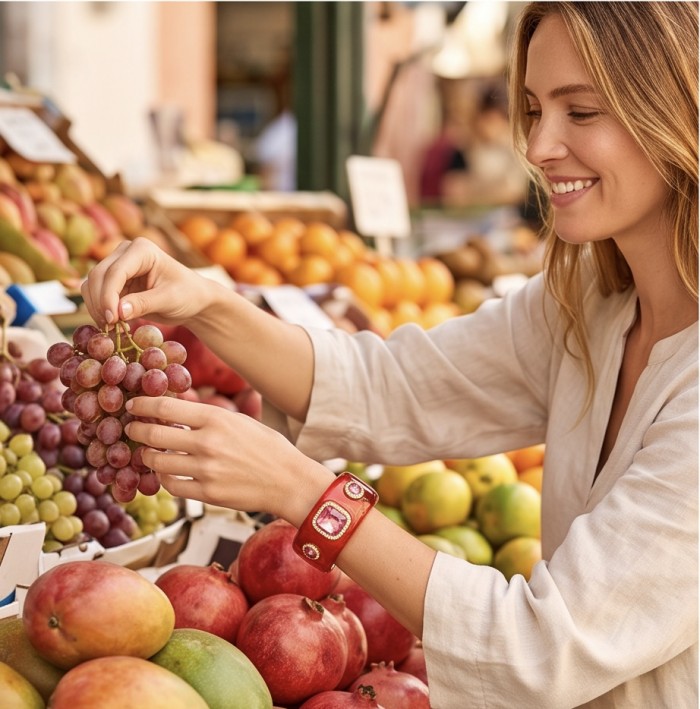 Candy Store - Modern Design Natural Red Raisin Pink Topaz .925 Sterling Silver bracelet - Bracelet with red stones worn on wrist while selecting grapes at market.