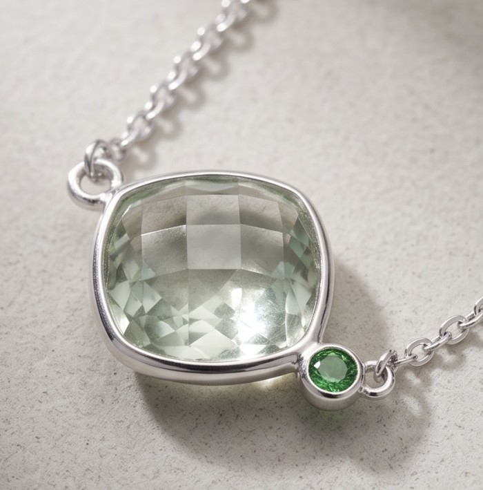 Infinity 18.5 carat Authentic Multigems Rhodium over .925 Sterling Silver handcrafted Statement necklace - Close-up of multigems necklace with green stones and rhodium detail.