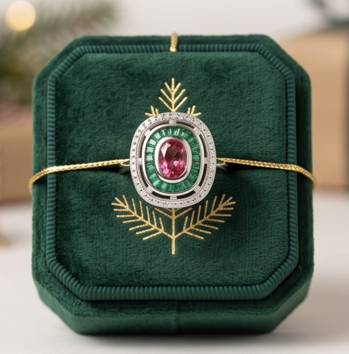Art Deco 8.6 ctw Ruby Rhodium plated .925 Sterling Silver handcrafted Statement Ring size 8 - Close-up of Art Deco ruby ring on green velvet box with gold accents.