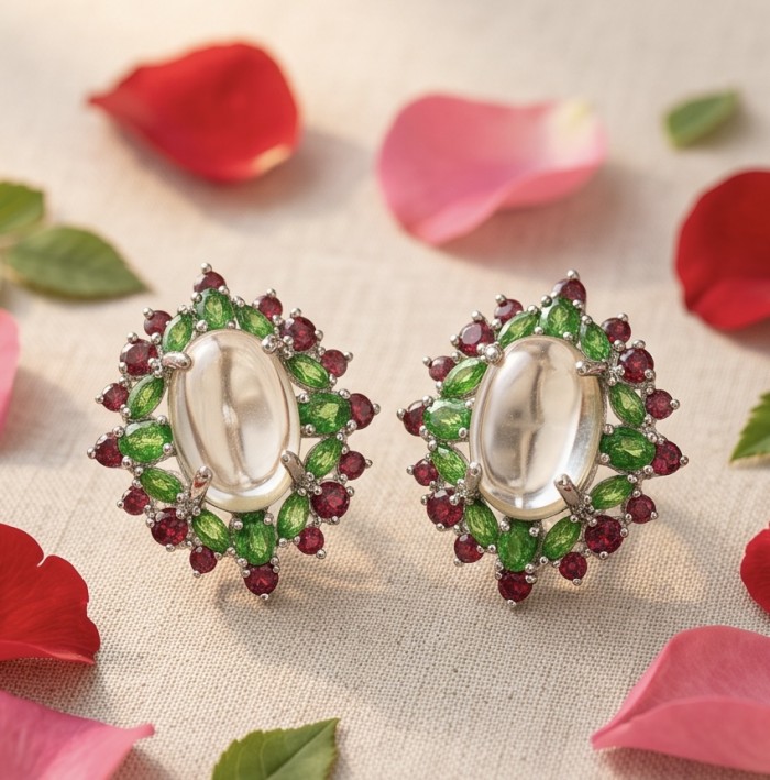 Bringer of Joy Authentic 15.9 carat Brazilian Citrine rhodium over .925 Sterling Silver brilliantly handcrafted Statement earrings - Front view of ornate earrings with green and red gemstones.