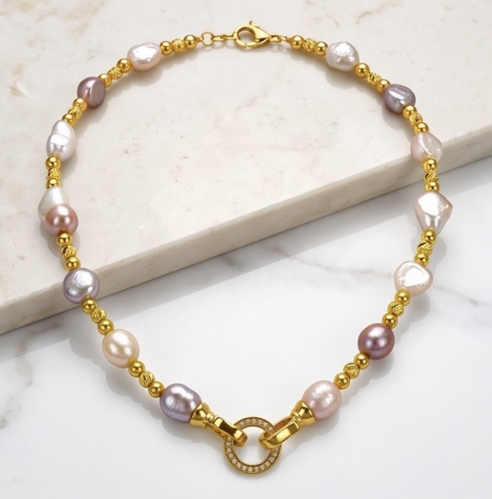 Colors of the Ocean - MOTHER OF Pearl .925 Sterling Silver diped in 14K Gold handcrafted Statement necklace - Necklace clasp detail with colorful pearls and gold accents.