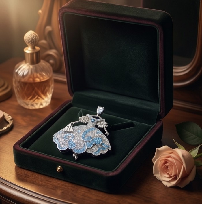 Ballerina - Precious pave 4.2 carat Colombian Sapphire rhodium over .925 Sterling Silver handmade Pendant - Brooch - Ballerina pendant in box, showcasing pave sapphires and design detail.