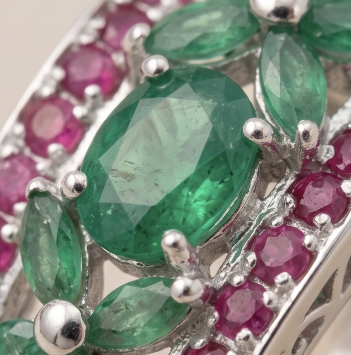 Green Beauty Natural 8.8 carat Colombian Emerald .925 Sterling Silver Handcrafted pendant - Close-up of Colombian emerald and red stones on silver jewelry.