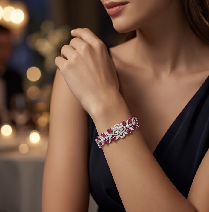 Luxurious 28.7 carat natural Mozambique Ruby rhodium over .925 Sterling Silver .925 Sterling Silver handcrafted Statement Bracelet - photo 1