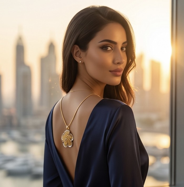 Dubai Style - Blooming Golden Rose .925 Sterling Silver dipped in 22K Gold handmade Pendant - Back view of model wearing Blooming Golden Rose necklace in sunset.