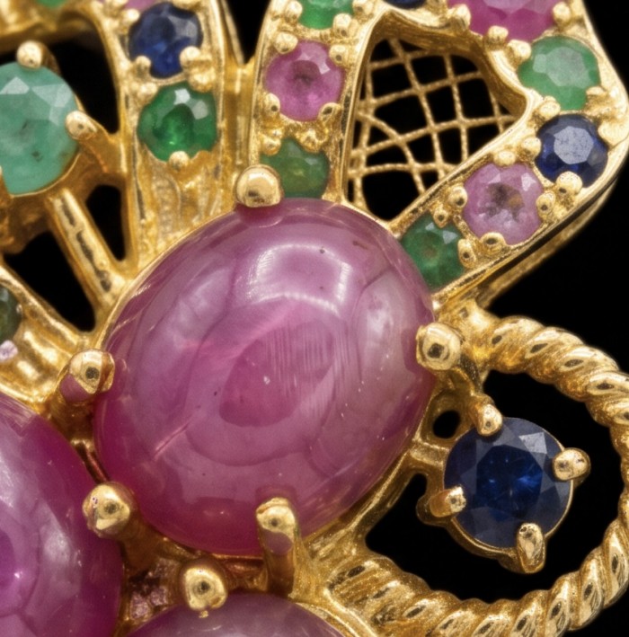 Giovanna 18.5 carat Emerald Ruby Sapphire 18K Gold over .925 Sterling Silver handcrafted Pendant - Stone close-up of emerald, ruby, sapphire in gold setting.