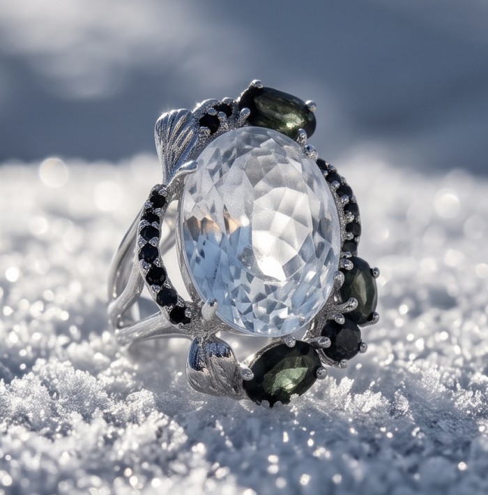 Scarlett 21.8 ctw White Topaz 3.9 carat Onyx rhodium over .925 Sterling Silver handcrafted Statement Ring size 8 - Close-up of Scarlett ring with white topaz and onyx on snow.