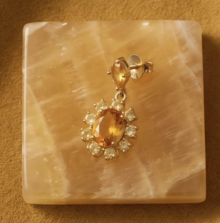 Giovanna - Authentic 4.4 carat Brazilian Citrine .925 Sterling Silver dipped in 22K Gold handcrafted earrings - Citrine earring close-up on beige stone background