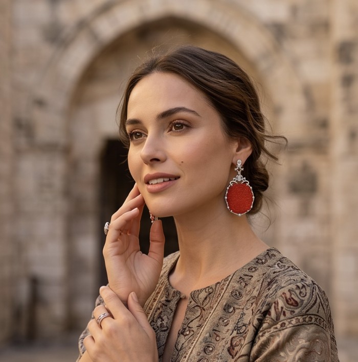 Ancient Mystery carved Fossilized Coral rhodium over .925 Sterling Silver handmade Statement Large earrings - Woman wearing Ancient Mystery carved Fossilized Coral earrings