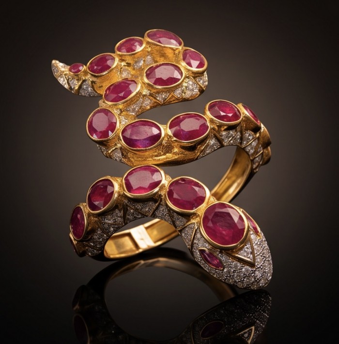 Huge Snake Genuine 37.9 carat Ruby 22K Gold over .925 Sterling Silver handcrafted Hinged Bangle Bracelet - Front view of snake-shaped ring with rubies and gold details.
