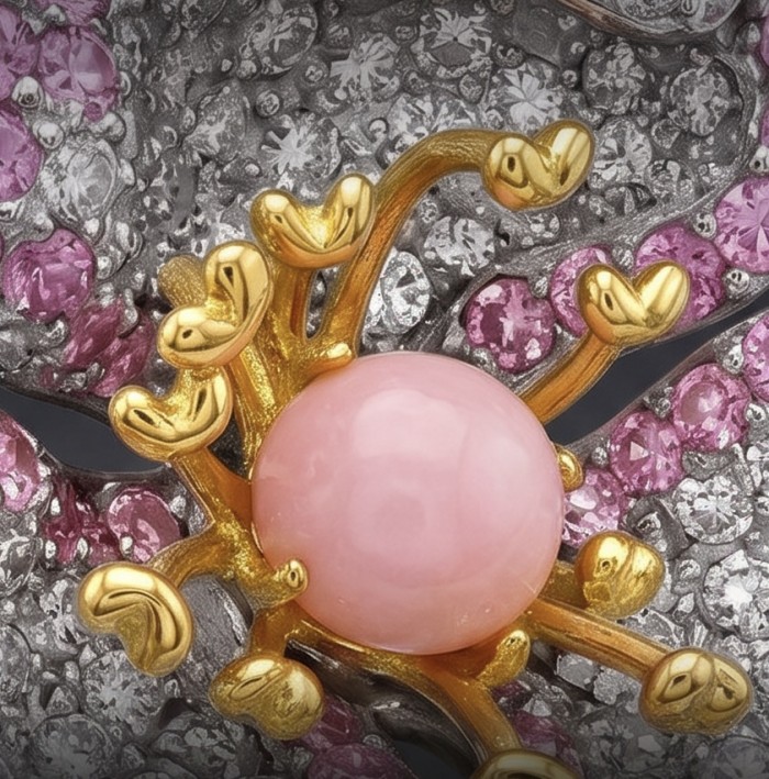 Rose Authentic 2.5 carat Pink Opal 4.9 carat pave MOISSANITE .925 Sterling Silver brilliantly dipped in rhodium 2 tones handcrafted Statement ring; s. 7 - Close-up of Pink Opal and Moissanite jewelry with gold accents.