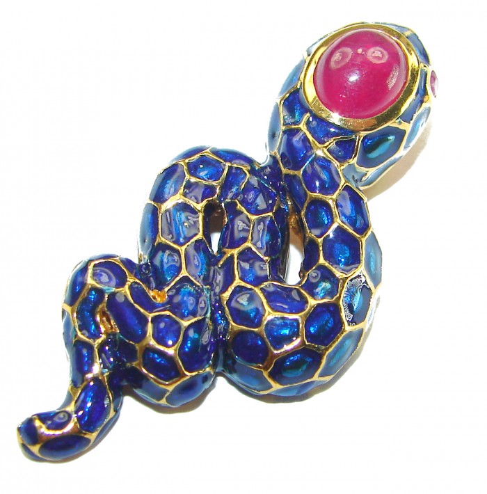 INCREDIBLE Natural Ruby Enamel Snake 14K Gold over .925 Sterling Silver Pendant - photo 2