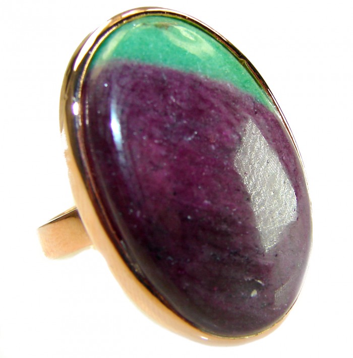 Rare Ruby fuchsite 14K Gold over .925 Sterling Silver handmade Ring size 8 adjustable - Close-up of rare ruby fuchsite stone in 14K gold over silver ring.