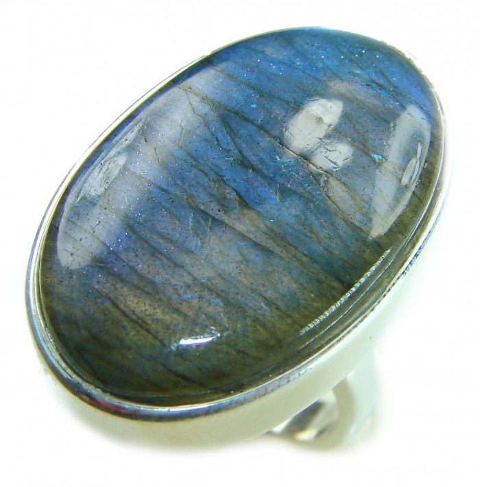 Shimmering Natural Labradorite .925 Sterling Silver handcrafted Large ring size 8 adjustable - Close-up of shimmering labradorite set in .925 sterling silver ring.