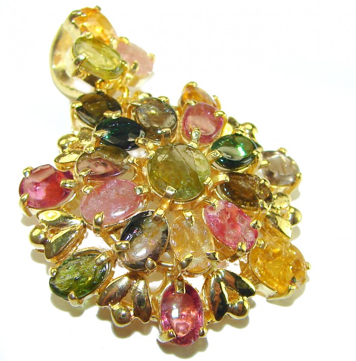 Rio de Janeiro- 17.5 carat Brazailian Watermalon Tourmaline 14K Gold over .925 Sterling Silver handcrafted Pendant - Close-up of colorful Brazilian watermelon tourmaline pendant.
