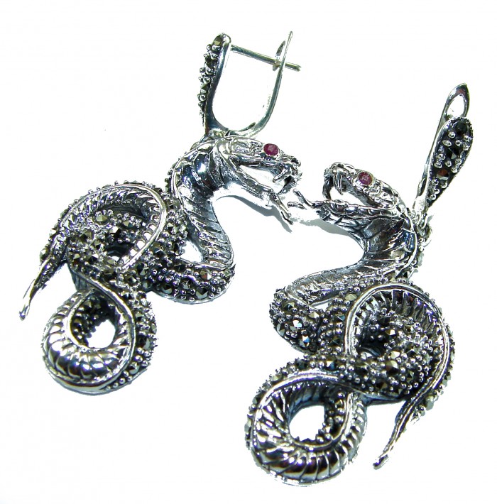 Cobra Snakes Ruby Marcasite .925 Sterling Silver handcrafted Earrings - Cobra snake earrings with marcasite and ruby, front view.