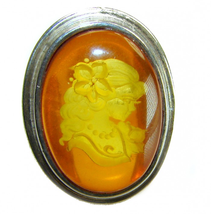 Beautiful Authentic carved Cameo Baltic Amber .925 Sterling Silver handcrafted ring; s. 8 - Close-up of carved cameo Baltic amber in .925 sterling silver setting.