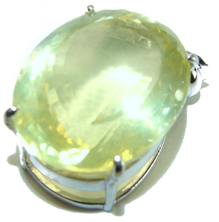 Perfection Oval cut 22.3 carat Lemon Quartz .925 Sterling Silver handcrafted LARGE pendant - Close-up of oval cut 22.3 carat lemon quartz set in .925 sterling silver.