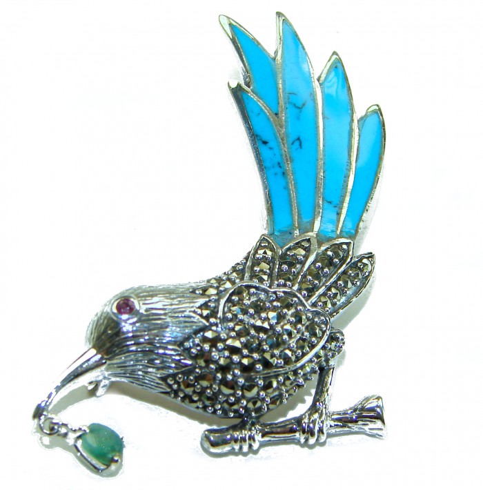 Blue Bird genuine INLAY Turquoise Marcasite .925 Sterling Silver handmade Brooch - Blue bird brooch with turquoise inlay, marcasite detail, side view.