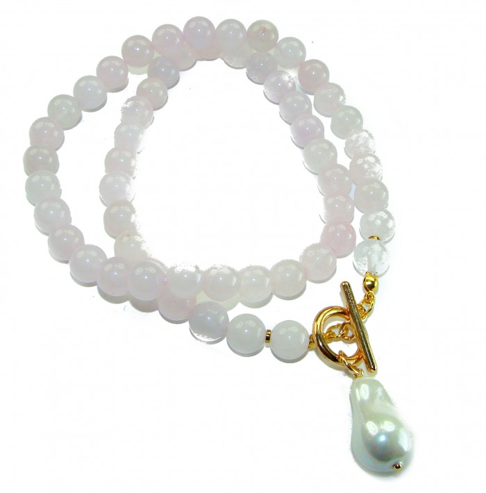 Pink Cascade authentic 65.8 carat Rose QUARTZ 18K Rose Gold over .925 Sterling Silver handcrafted necklace - Rose Quartz beads with pearl drop, top view, gold toggle clasp detail.