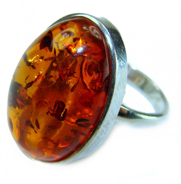 Beauty of the Nature Baltic Amber .925 Sterling Silver handcrafted ring; s. 7 adjustable - Amber stone close-up on silver ring
