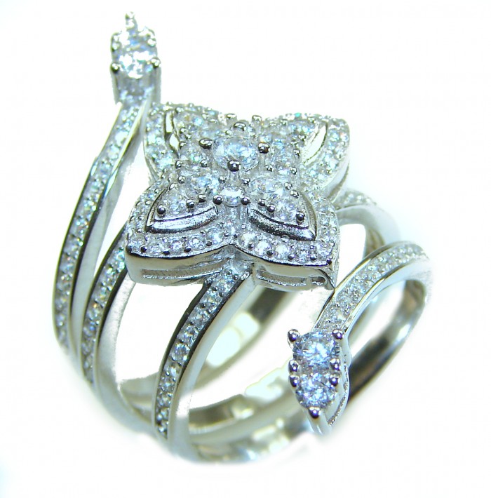 Allure Natural 11.2 carat White Topaz .925 Sterling Silver handcrafted Ring s. 6 1/4 - Intricate multi-band white topaz ring with floral design, top view.