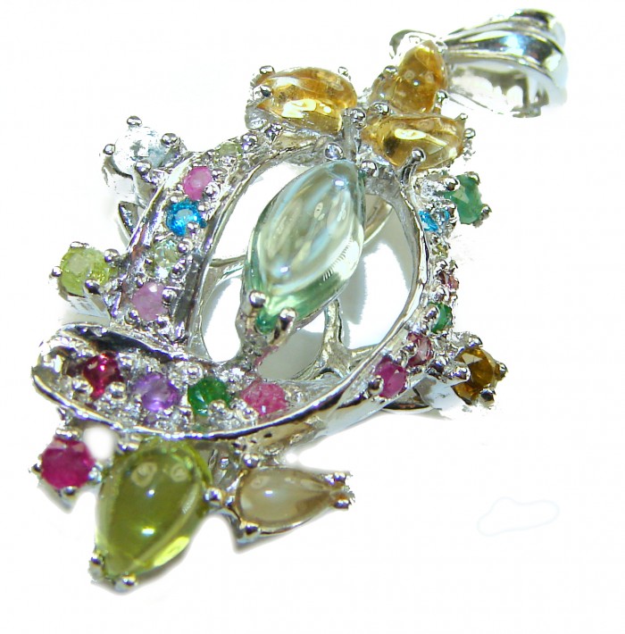 Mystery 12.6 carat Green Amethyst Peridot Citrine Sapphire .925 Sterling Silver handcrafted pendant - Intricate gemstone pendant with green amethyst and multicolor sapphires.