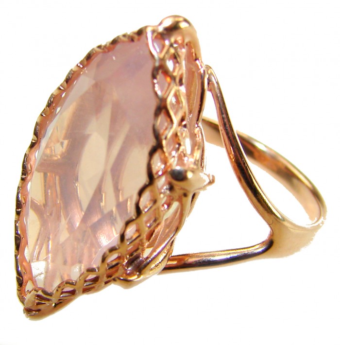 Vintage Design -Brazilian Rose Quartz 28.5 carat 18K Gold over .925 Sterling Silver handcrafted Ring size 8 - Side view of vintage rose quartz ring in 18K gold.