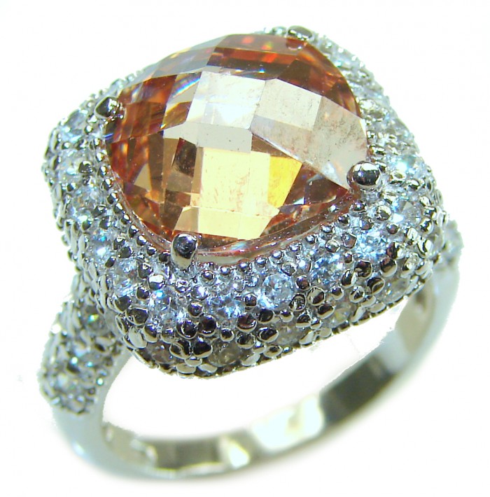 Authentic cushion cut 10.2 carat volcanic Morganite 14K White Gold over .925 Sterling Silver ring s. 7 3/4 - Close-up of cushion cut morganite ring with diamond accents
