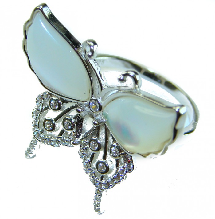 White Butterfly Blister Pearl .925 Sterling Silver brilliantly handcrafted ring s. 7 1/4 - White butterfly pearl ring, side view, .925 sterling silver with crystals