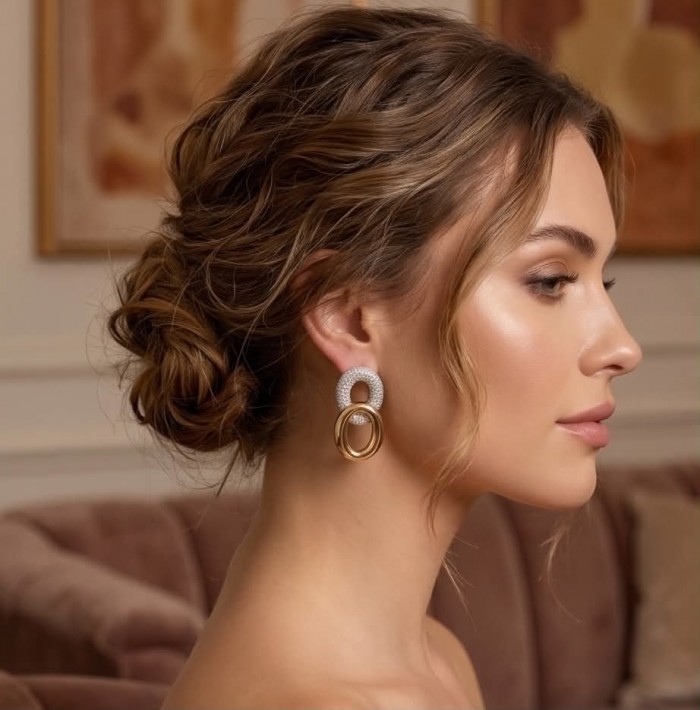 TIFFANY - LUXURIUS - Natural 22K Gold over .925 Sterling Silver handmade earrings - Side view of woman wearing TIFFANY earrings in gold and sterling silver.