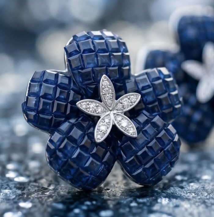 Born to Glam floral-inspired authentic 25.5 carat Sapphire .925 Sterling Silver handcrafted earrings - Sapphire flower jewelry close-up, featuring diamond accents