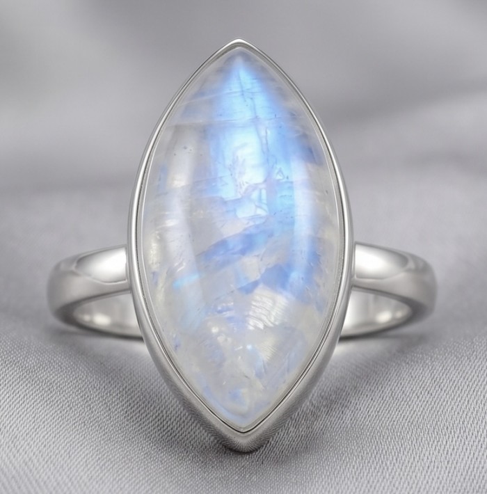 Ice Queen Rainbow top quality Moonstone .925 Sterling Silver handmade ring s. 8 1/4 - Close-up of Ice Queen Moonstone ring in sterling silver.