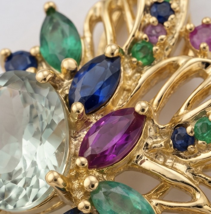 Mademoiselle - 10.2 carat Green Amethyst 18K Gold over .925 Sterling Silver handcrafted Pendant - Close-up of colorful gemstones on 18K gold Mademoiselle jewelry piece.