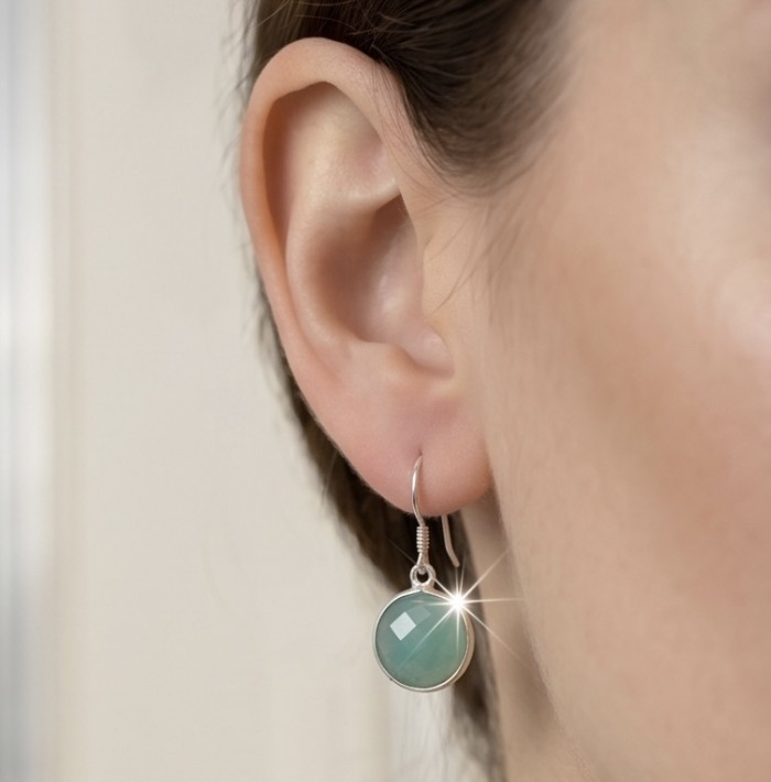 14.9 carat authentic Aquamarine .925 Sterling Silver Handcrafted Earrings - Aquamarine sterling silver earring, worn side view