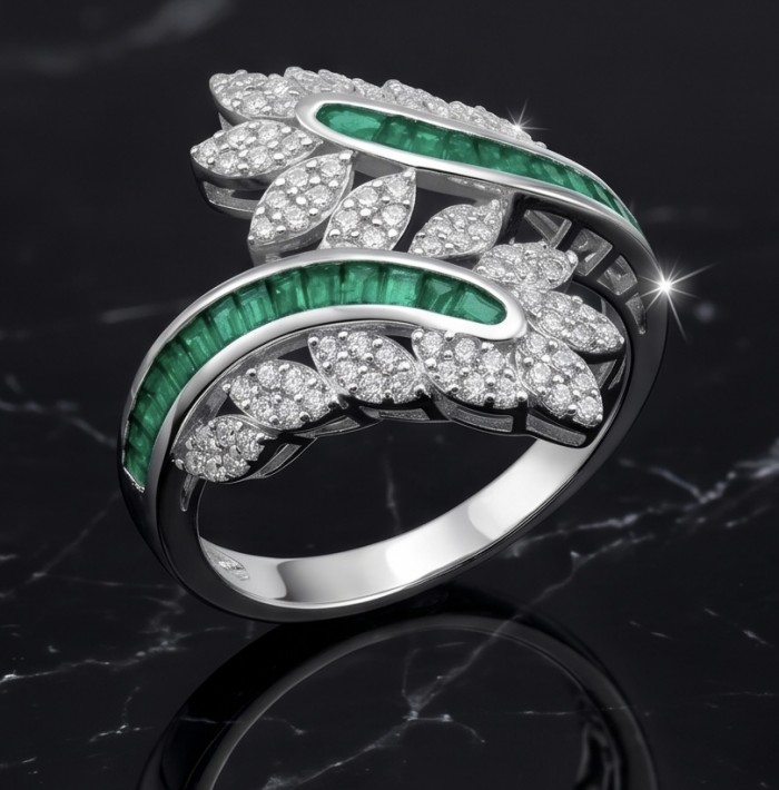 Art Deco 3.2 carat Colombian Emerald .925 Sterling Silver dipped in Rhodium handcrafted Ring size 7 1/2 - Elegant Art Deco emerald ring, side view on black marble surface.